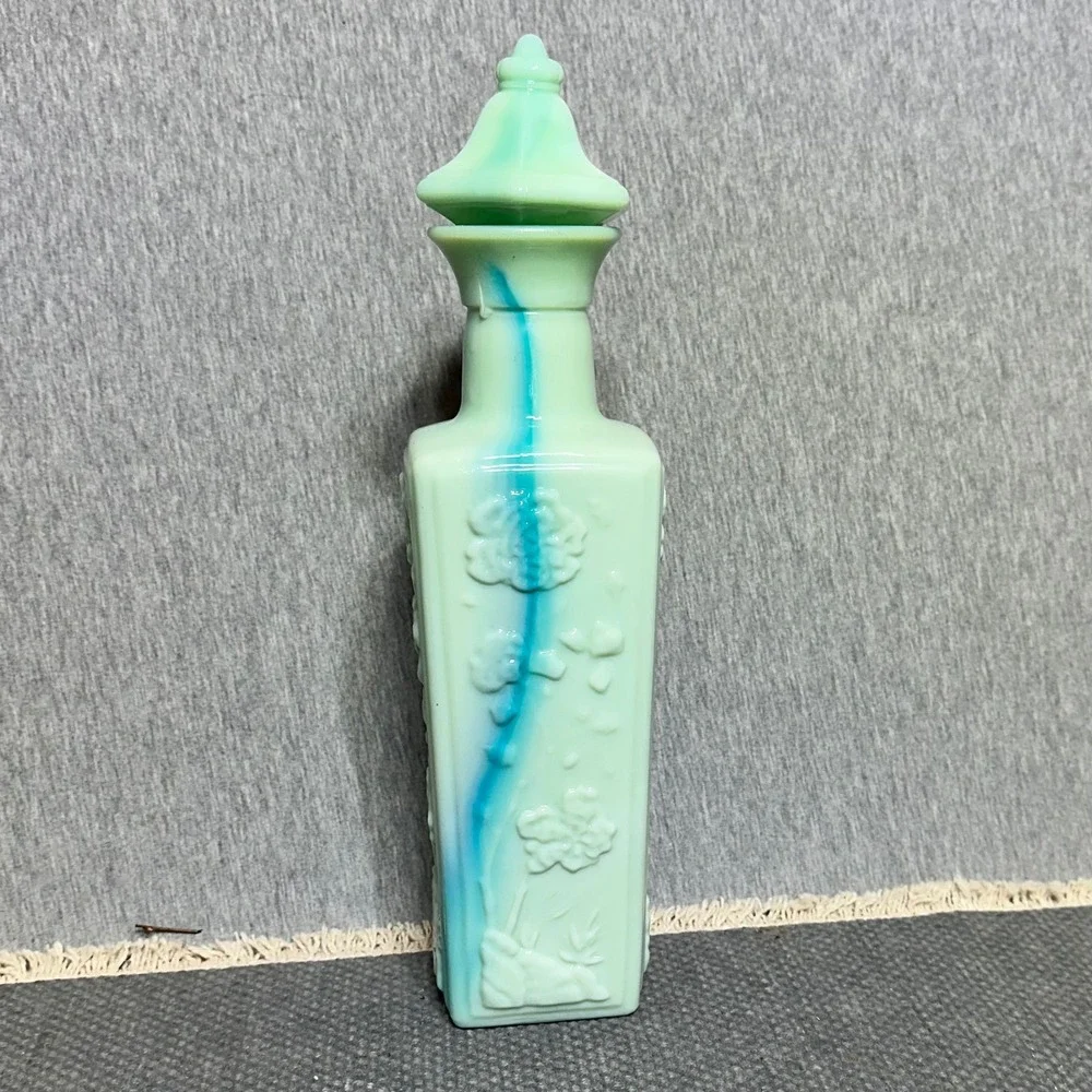 Vintage Slag Glass Decanter Mint Green Blue Marbled Floral Bottle with Stopper